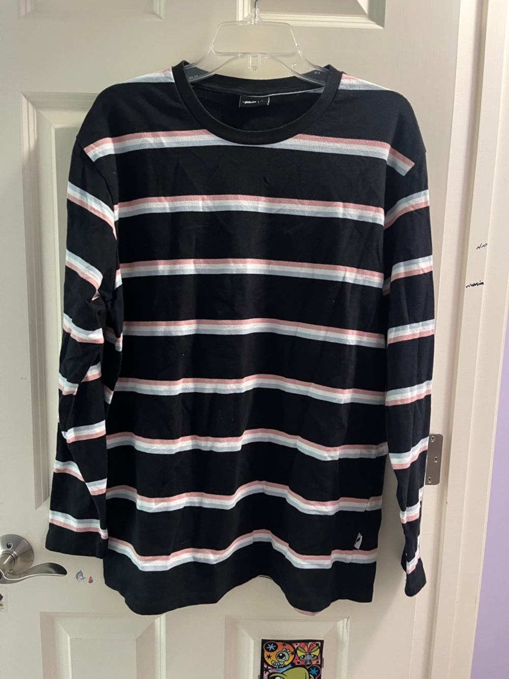 Publish Black Long Sleeve Striped Tee with Pink & White Accents Size L